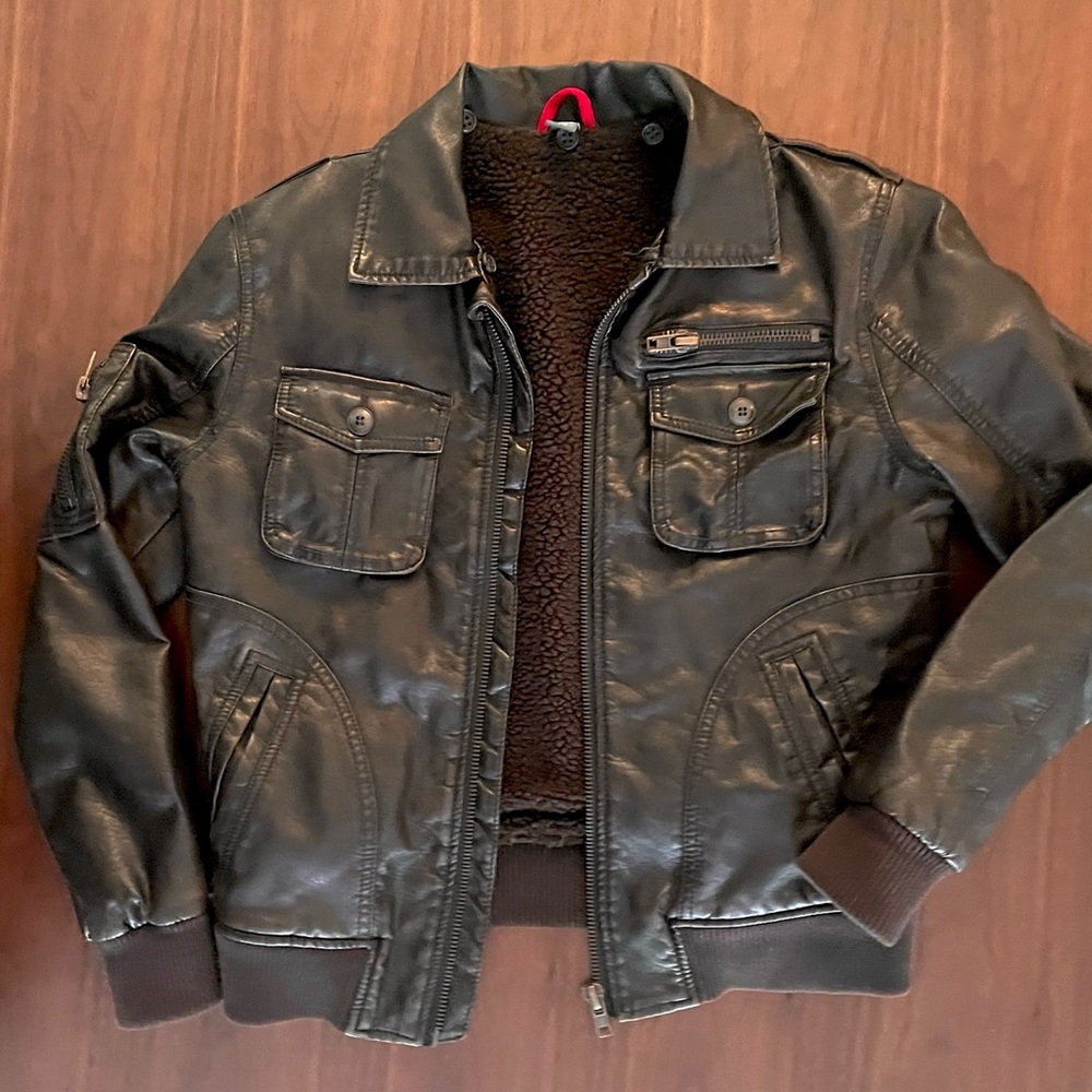Kids’ Zara faux/vegan leather bomber jacket, dark brown